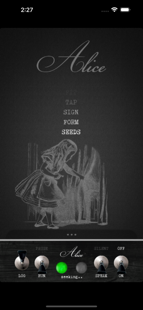 Alice Box app interface showing paranormal communication word lists and investigation controls