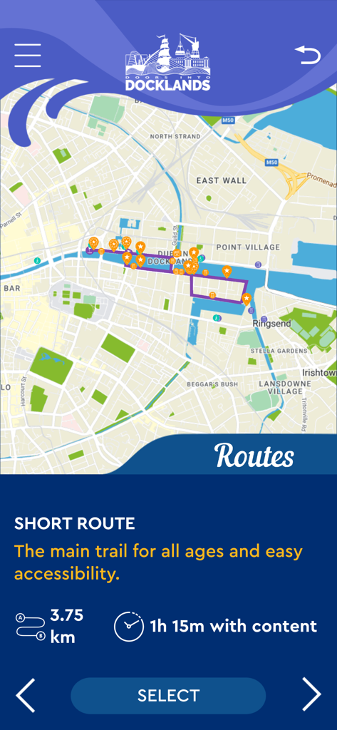 Dublin Discovery Trails - Dublin Discovery Trails app screen showing a map of the Doors Into Docklands short walking route with distance and duration