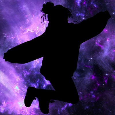 realistic girl jumping with a bun and oversized sweatshirt