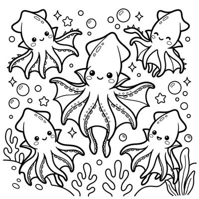 Discover a charming underwater world with our Kawaii Vampire Squids coloring page. These adorable cephalopods, complete with thick outlines and cheerful expressions, are ready for your creative touch.