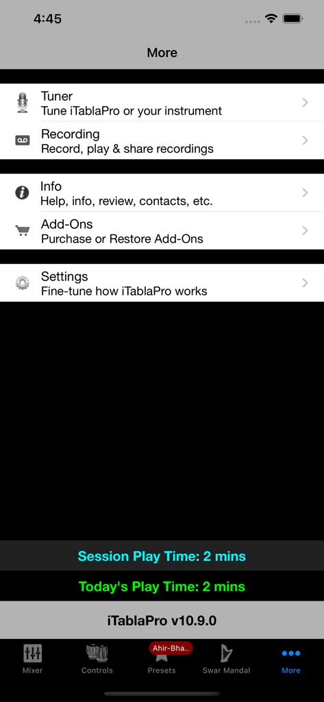 iTablaPro - iTablaPro app more menu showing tuner recording and settings options