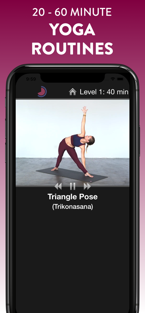 Simply Yoga - Simply Yoga app interface showing a certified instructor demonstrating the Triangle Pose in a 40 minute routine.