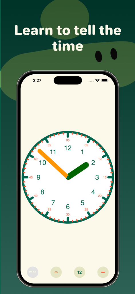 Clock Helper - Clock Helper mobile app interface showing an analog clock with interactive hands for kids to learn time telling.