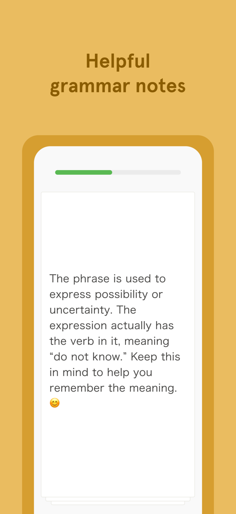 A screenshot of the Bunpo app showing a helpful grammar explanation for language learners.