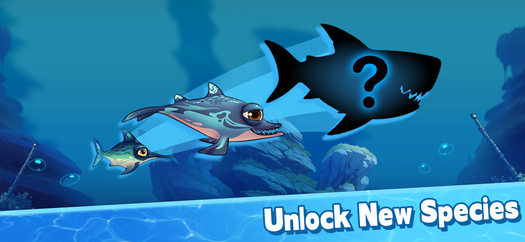 A sequence showing fish evolution from small to large with a mystery shark silhouette to unlock.