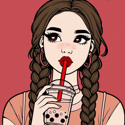 realistic girl with braided hair drinking boba