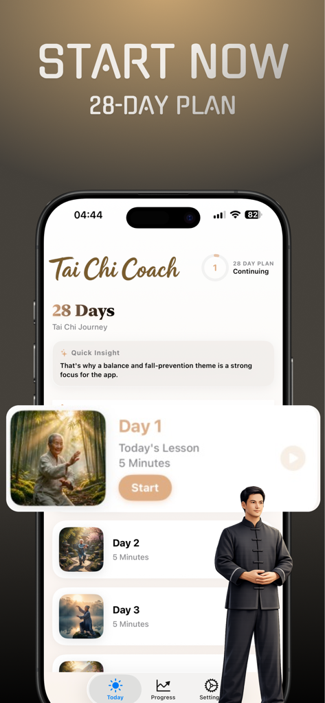 Tai Chi & Qigong: Home Coach - Tai Chi and Qigong app 28-day plan interface showing daily lessons and progress tracking