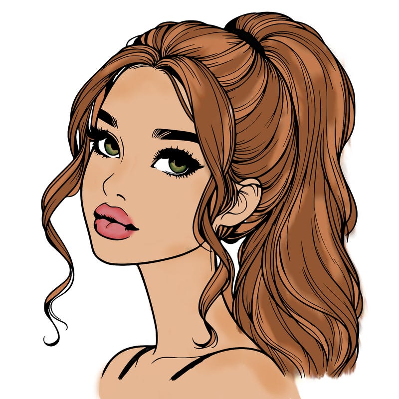 realistic girl with a ponytail on her hair and lips