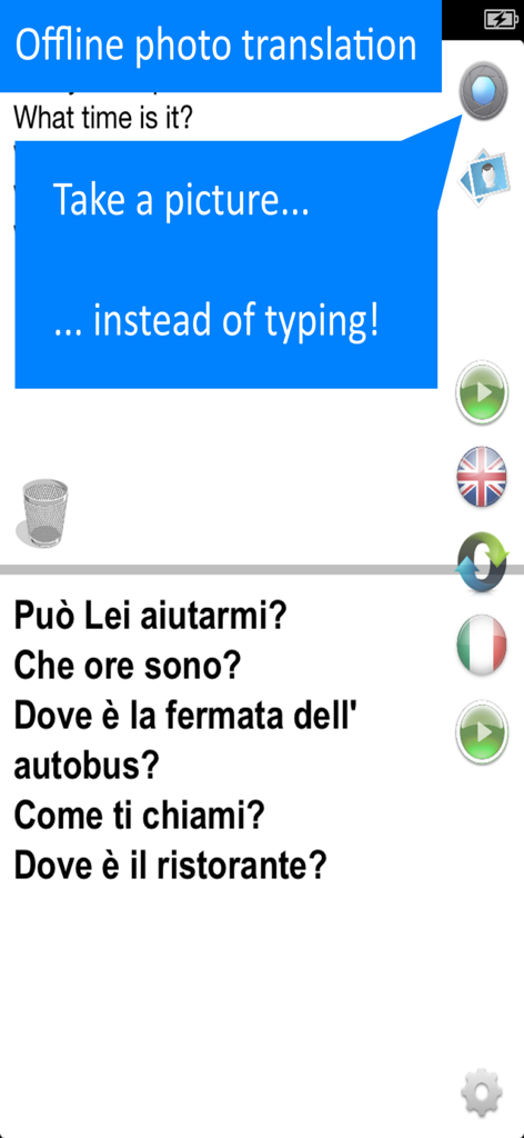 Translate Offline: Italian Pro - Interface of Translate Offline Italian Pro app highlighting the photo translation feature with Italian phrases