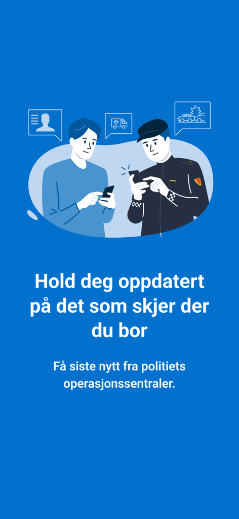 Illustration of a citizen and a police officer looking at smartphones for local safety notifications and news