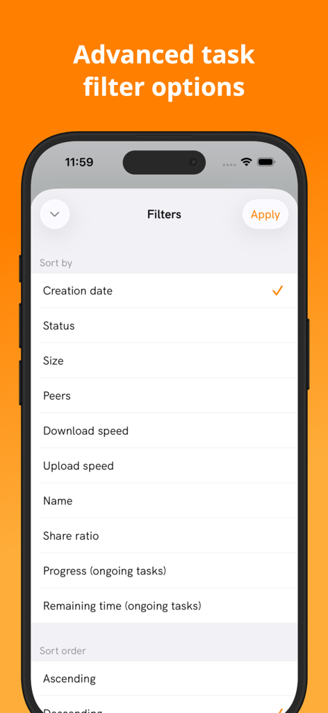 Advanced task filtering and sorting options in the DSLoad Station mobile app interface