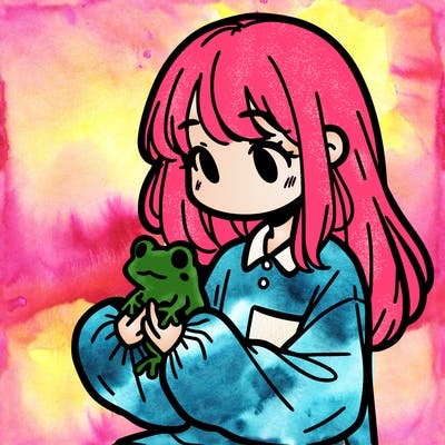 girl with long hair and a oversized shirt. and she is holding a frog