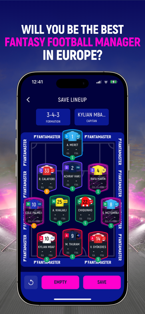 FantaMaster Champions - FantaMaster Champions mobile app interface showing a tactical 3-4-3 fantasy football lineup with player cards on a soccer pitch
