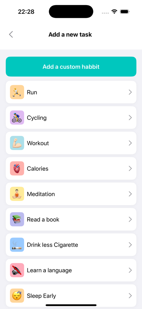 Habitify: Goals Tracker - 瞑想やランニングなどの新しいタスクや定義済みの習慣を追加するためのインターフェース