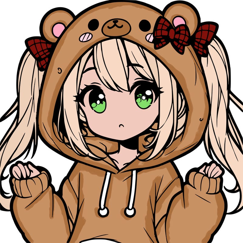 cute anime girl with ponytails and a cute bear hoodie