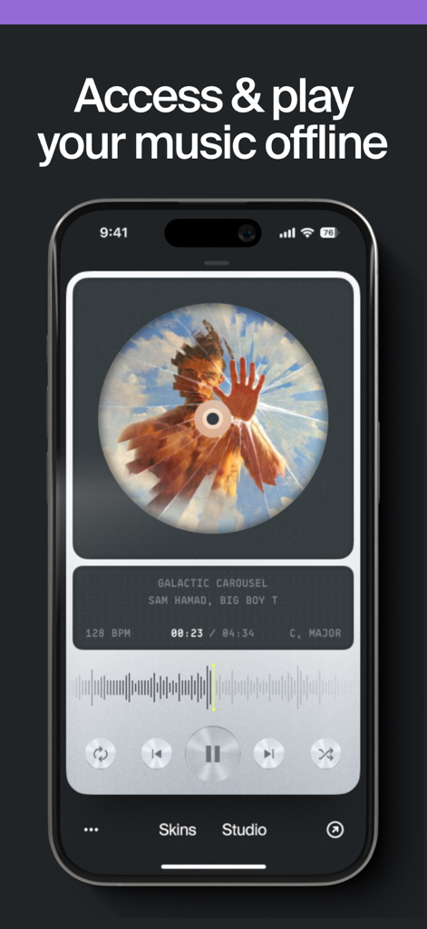 Offtop - Music Studio - Mobile screen of Offtop music studio showing the offline music player interface with song details and waveform