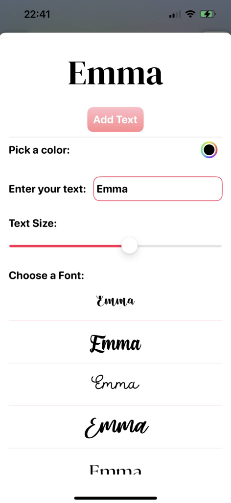 Text customization screen with font and size options for floral wallpaper