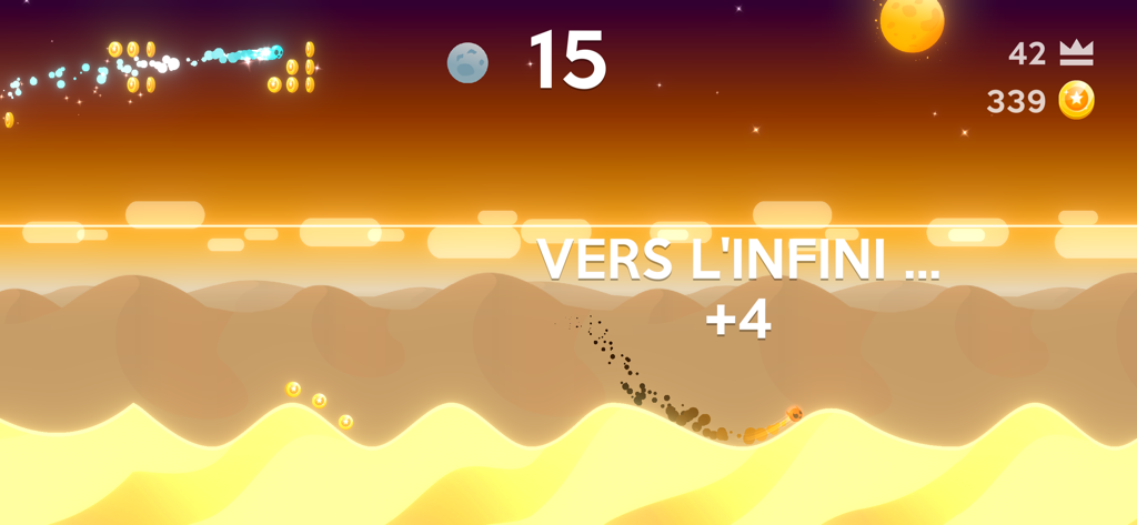 A ball gliding over yellow sand dunes at sunset in the Dune mobile game