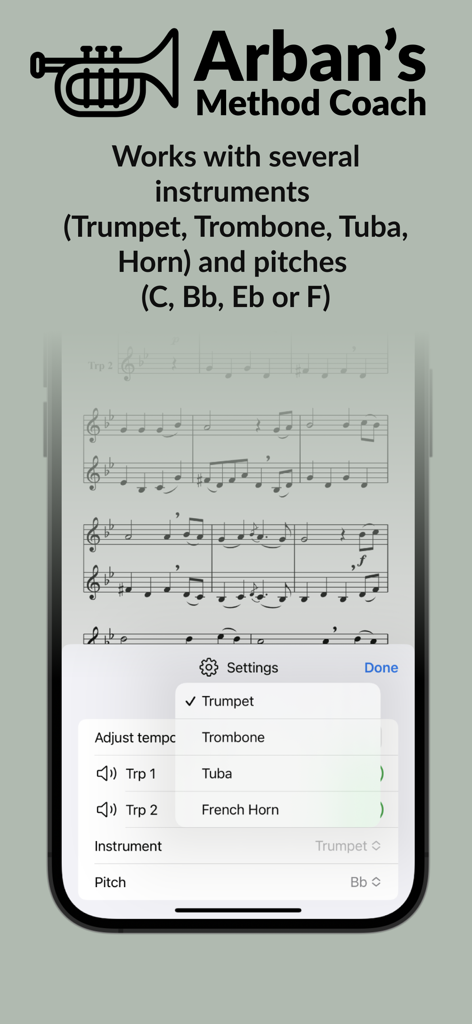 Arban's - Arban's Method Coach settings menu for selecting brass instruments and pitch options over sheet music.