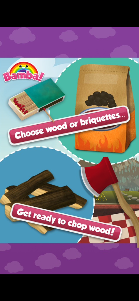 Bamba BBQ (Lite) - Interface do jogo Bamba BBQ para escolher madeira ou briquetes e cortar toras