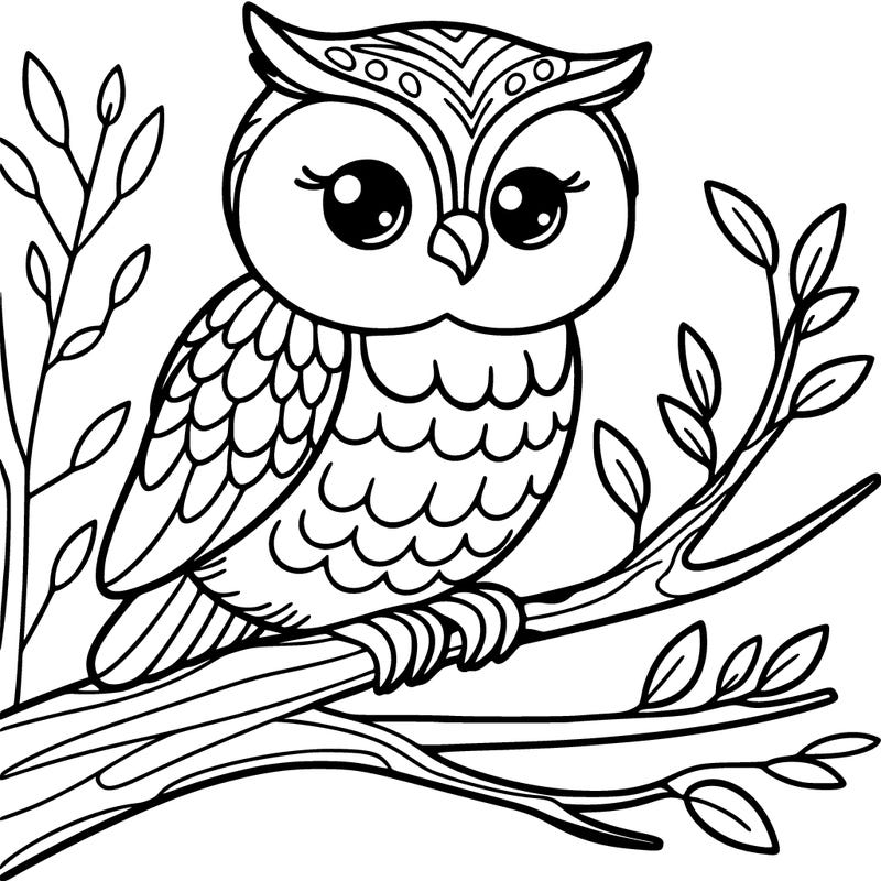 owl, on a branch, with fine features