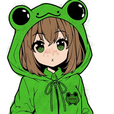 an anime girl wearing a frog hoodie