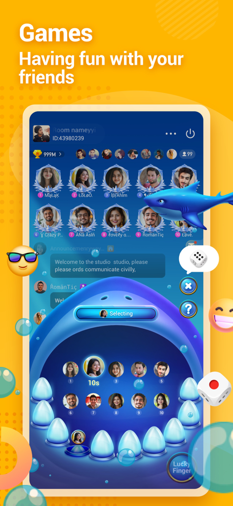 Sala de chat de voz em grupo no aplicativo Echo mostrando um jogo interativo de tubarão com amigos