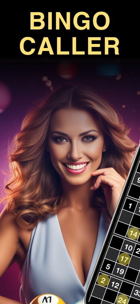 Bingo Caller, Cards & Tickets - Una mujer sonriente organizando un juego de bingo con la interfaz de la aplicación móvil Bingo Caller