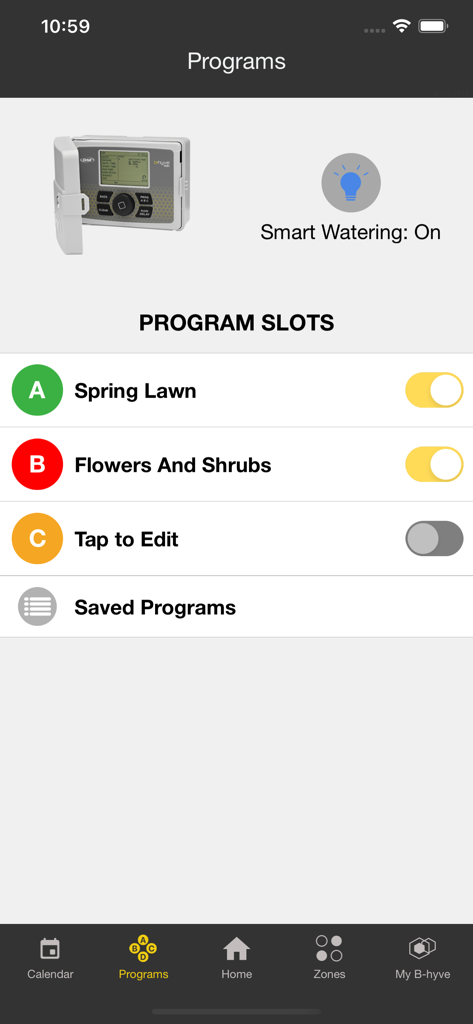 B-hyve Pro app Programs screen showing watering schedules for lawn and flowers with smart watering enabled