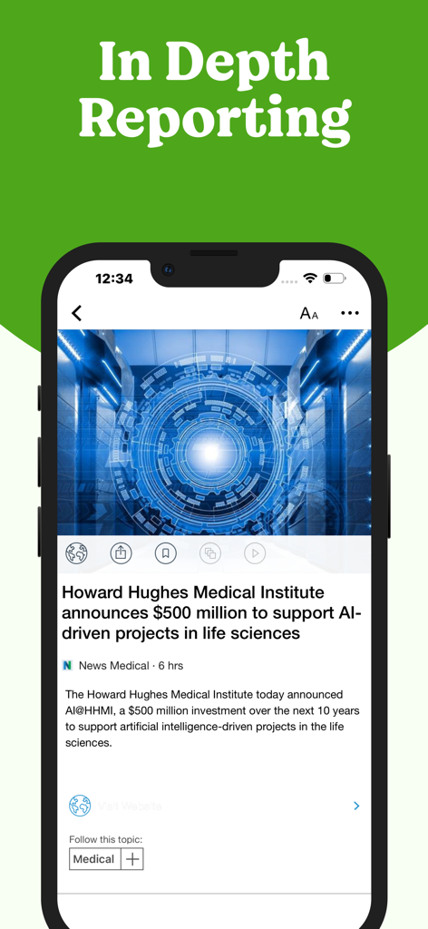 Interfaz de la aplicación Noticias y consejos sobre salud y medicina que muestra un artículo sobre proyectos impulsados por IA en ciencias de la vida