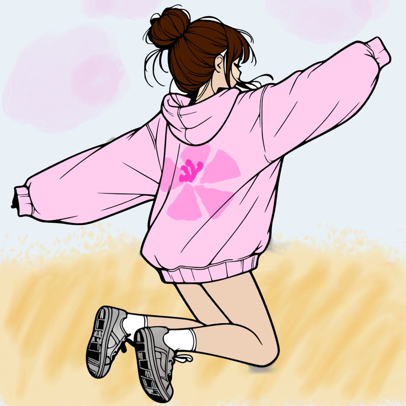 realistic girl jumping with a bun and oversized sweatshirt