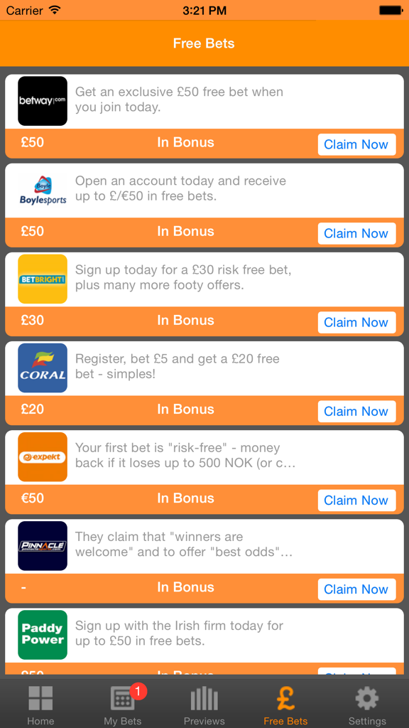 OddsCheckアプリ内のさまざまなブックメーカーからのフリーベットオファーとボーナスのリスト