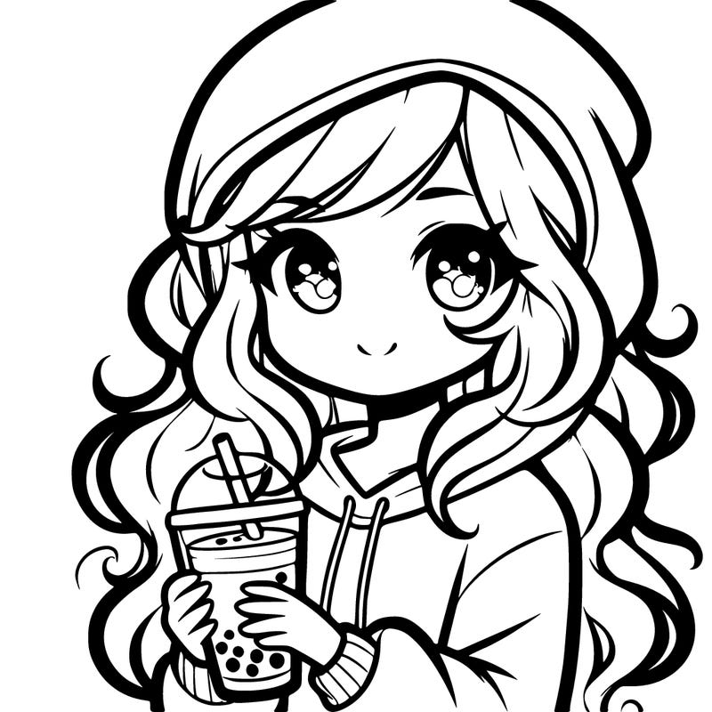 pretty girl with a boba tea and wavy hair and hoodie