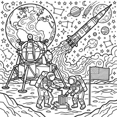 Embark on an exciting cosmic journey with this Apollo Missions coloring page designed especially for kids. Featuring brave astronauts, a powerful rocket, and the lunar lander, it's a perfect way for young explorers to discover space history.