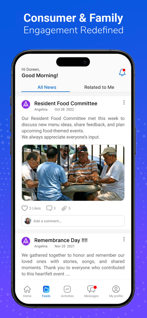 Interface of the Centrim Life Engagement Hub app showing a community news feed with resident updates and announcements
