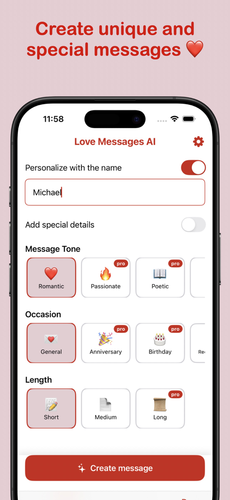 Love Messages AI - Interface of Love Messages AI app showing options to personalize romantic messages by name tone occasion and length
