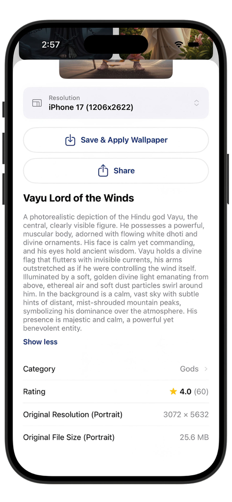 WallpaperHost: 4K Wallpapers - WallpaperHost app interface showing details and download options for a high resolution wallpaper of Vayu Lord of the Winds