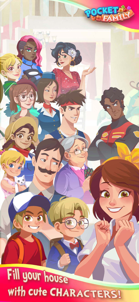 Un grupo de personajes animados diversos y adorables del juego Pocket Family.