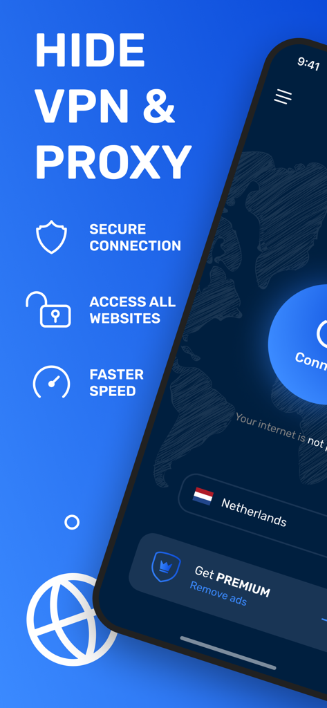Interfaz de la aplicación Hide VPN y Proxy que muestra funciones como acceso seguro a la conexión a todos los sitios web y mayor velocidad
