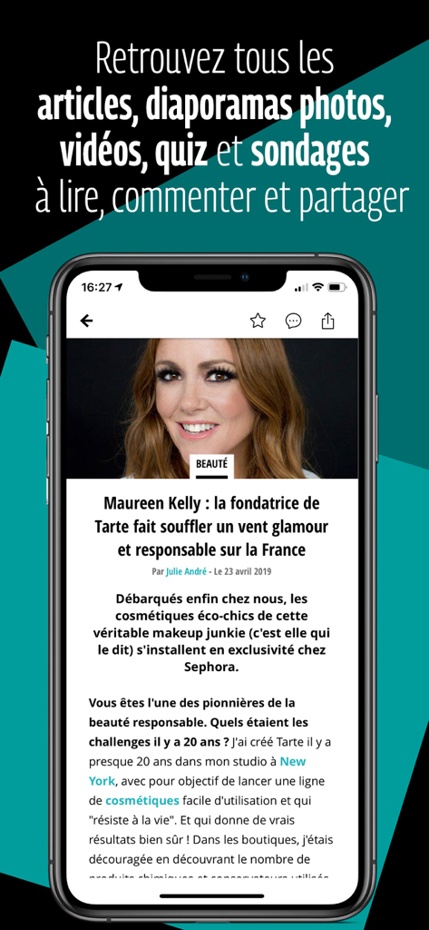 Grazia - 그라치아 모바일 앱이 공유 및 북마크 기능이 있는 뷰티 기사 인터페이스를 표시합니다.