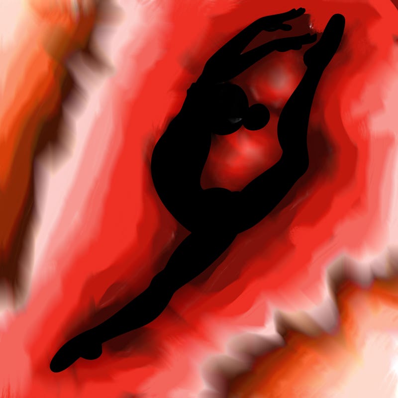 gymnast doing a leap in a leotard with a bent back leg