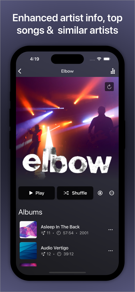 Interfaz de la aplicación AVSub mostrando detalles del artista y álbumes de la banda Elbow