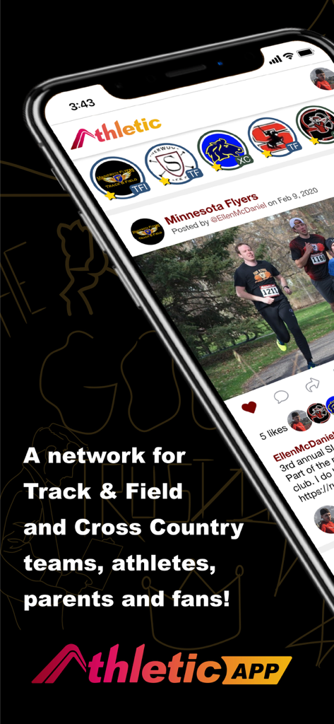 Screenshot of the Athletic.APP interface showing a social feed for track and field and cross country teams with athlete posts and team logos