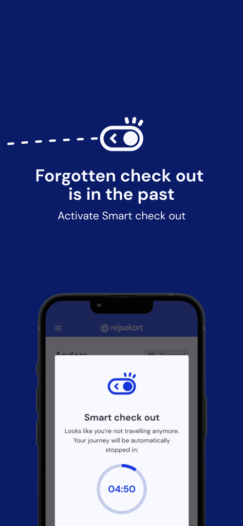 Mobile screen showing the Rejsekort app smart check out feature with an automatic timer