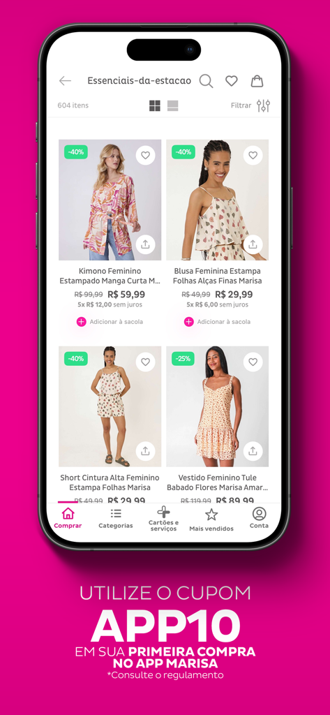 Marisa: Roupas, Calçados, Moda - Página de listagem de produtos do app Marisa com roupas de verão femininas com descontos e um banner promocional de cupom.