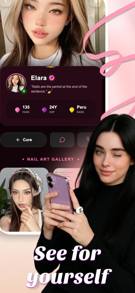 Space - Share & Chat - Spaceアプリのスクリーンショット。Elaraという名前のユーザープロフィールが表示され、ネイルアートギャラリーとソーシャルインタラクションアイコンがあります。