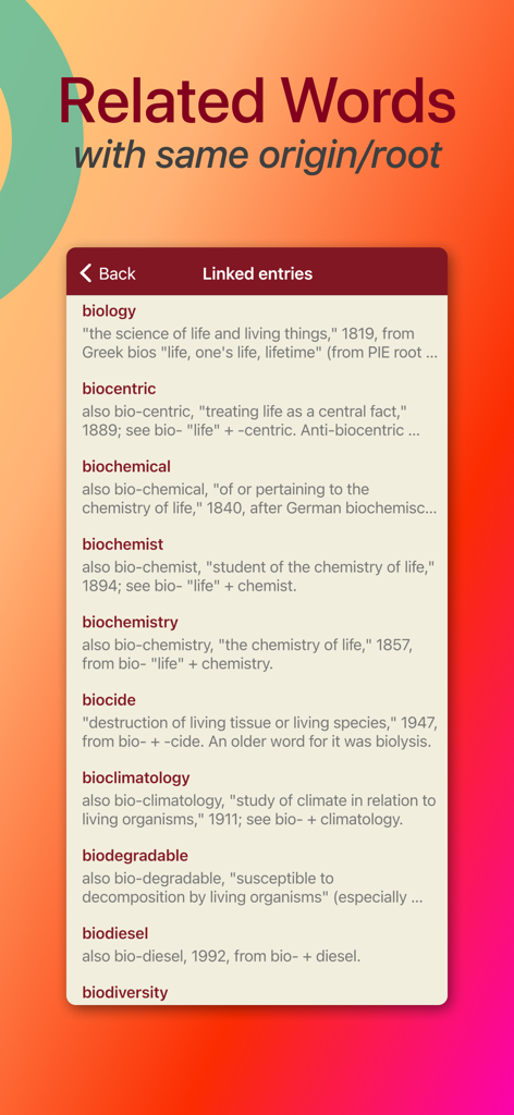 Interface do Dicionário Etymonline de Inglês exibindo palavras relacionadas com a mesma raiz linguística