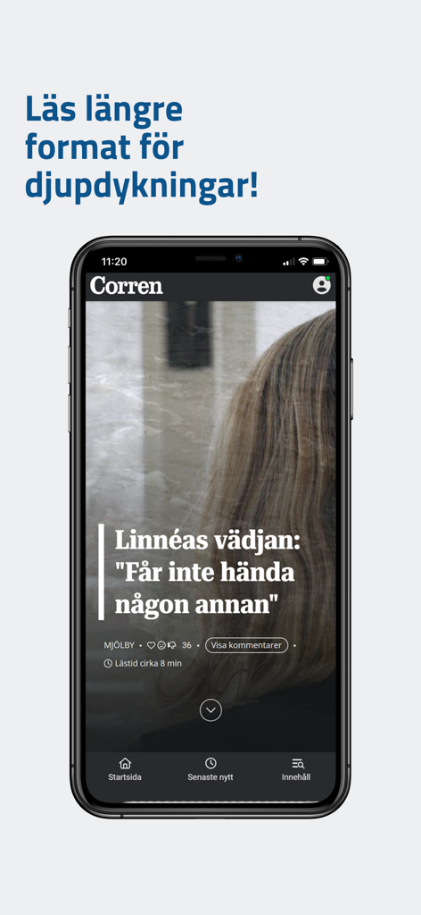 Corren - Corren-App auf einem iPhone, die einen ausführlichen schwedischen Nachrichtenartikel anzeigt