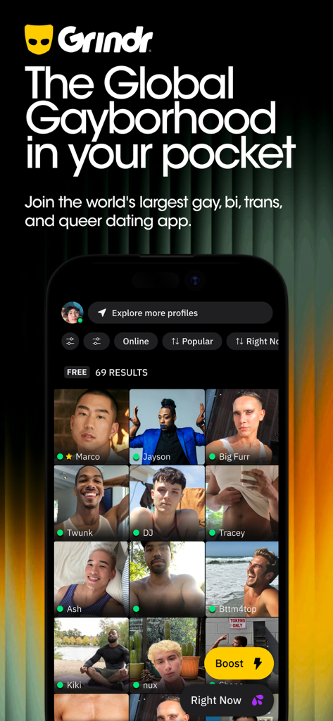 Grindr app promotional screen showing user profiles in a grid view with the headline The Global Gayborhood in your pocket.