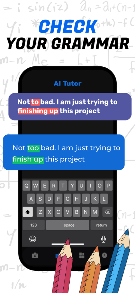 Photo Answer: Math Helper AI - AI Tutor interface within Photo Answer app showing a grammar correction for a text message